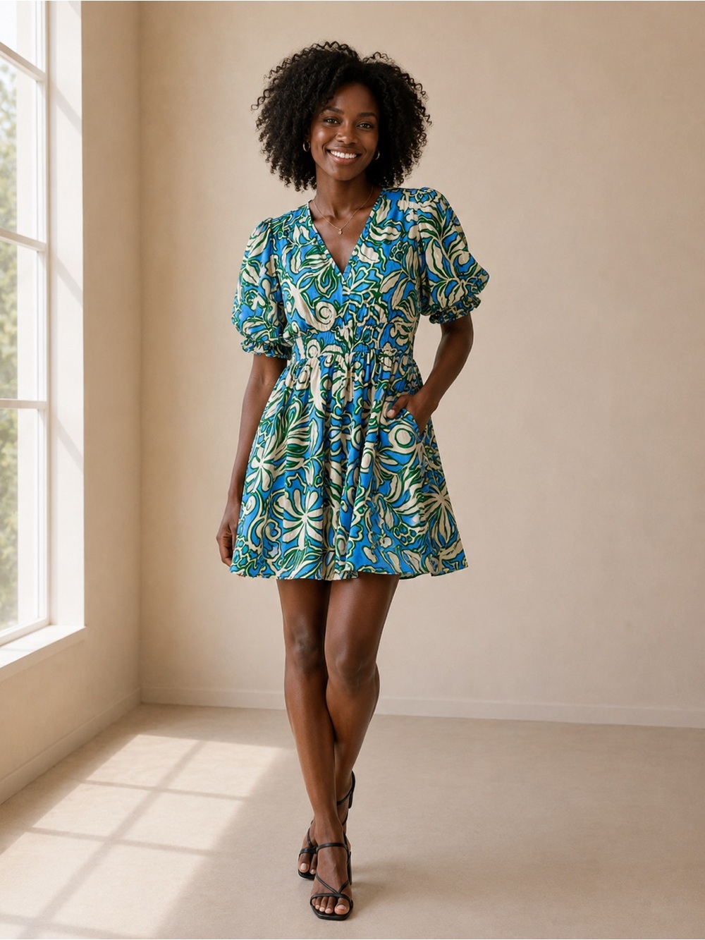 Sincerely Jules Blue & Cream Floral V-Neck Puff Sleeve Mini Dress